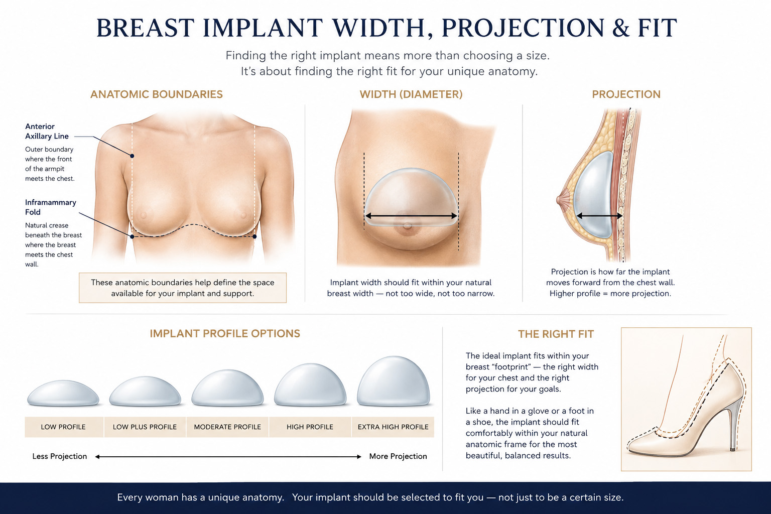 Illustration showing breast implant width, projection and fit