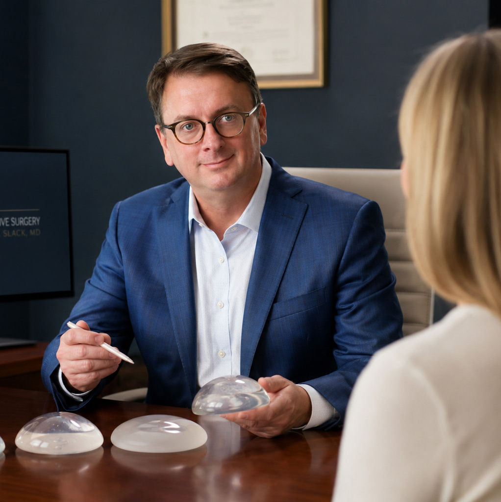 Dr. Charles Slack discussing breast augmentation with a patient